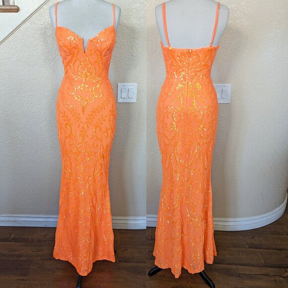 Neon Orange Sequined Formal Prom Evening Mermaid Dress 6 - Picture 1 of 4